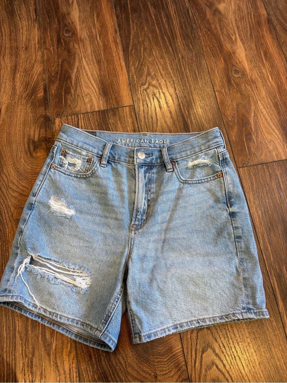 American Eagle Outfitters Light Wash Distressed Denim Shorts long inseam